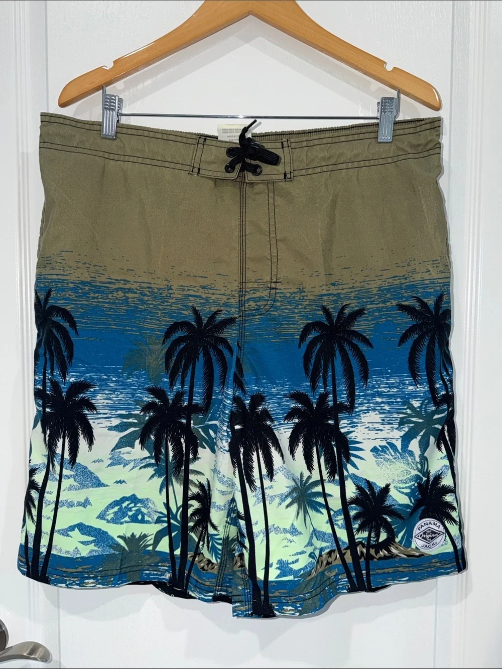 Panama Jack Men's Olive and Blue Palm-Print Swim Trunks size XLarge lined